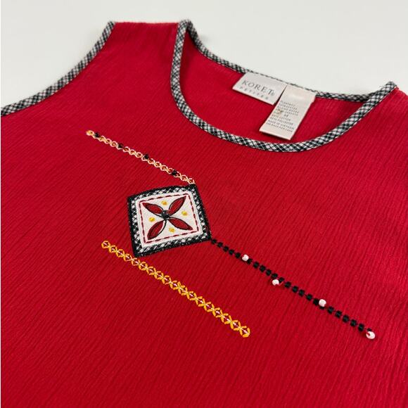 Vintage Red Boxy Fitted Embroidered & Beaded Sleeveless Folk Tank Top - Picture 2 of 6